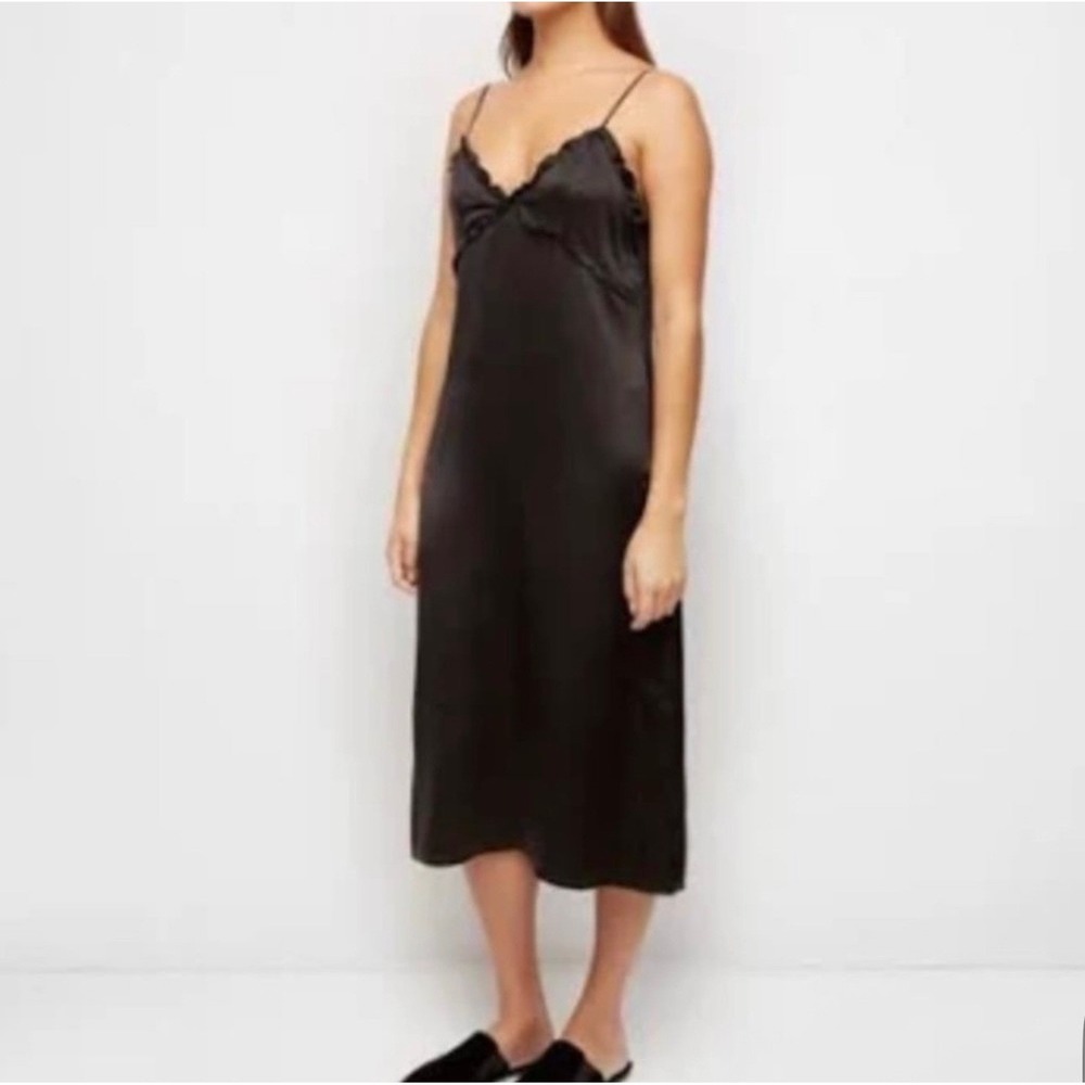 JENNI KAYNE Black‎ Satin Ruffle Silk Midi Slip Dress Size Small